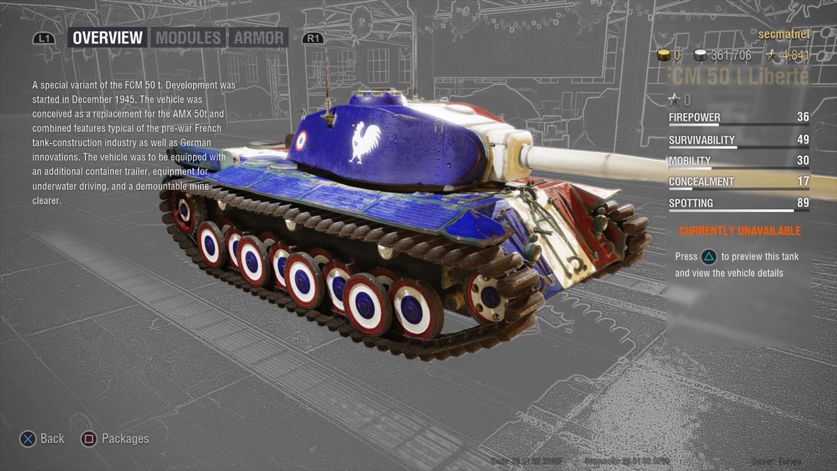 World of Tanks: Liberté (PlayStation 4) screenshot: FCM 50 t Liberté overview