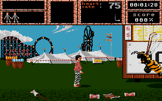 Weird Dreams (DOS) screenshot: Next stop: the fairground. Using the sugar pieces, you've got to distract the giant wasp.