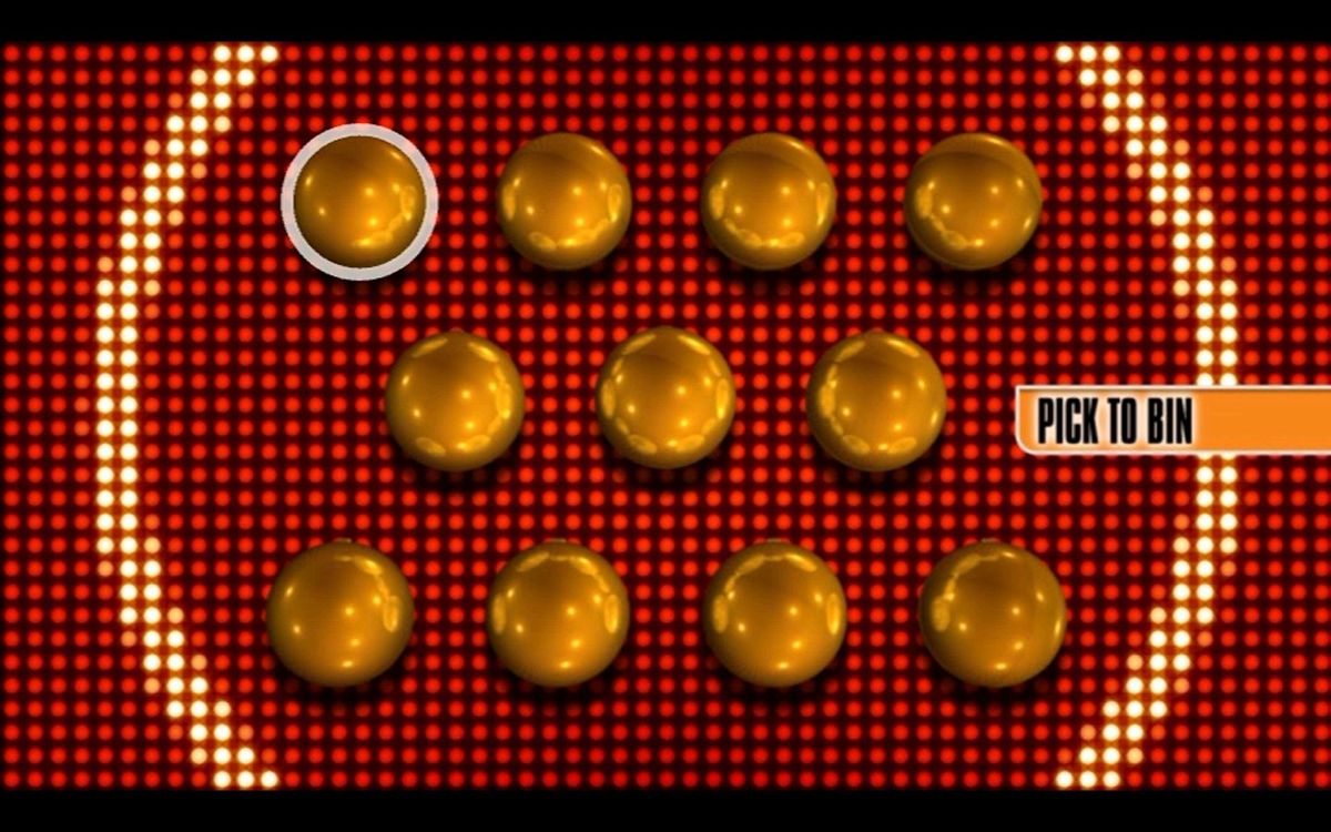 Golden Balls: DVD Game (DVD Player) screenshot: Round Three: This round starts with eleven balls. One player picks balls to discard and the other picks to build the cash pot