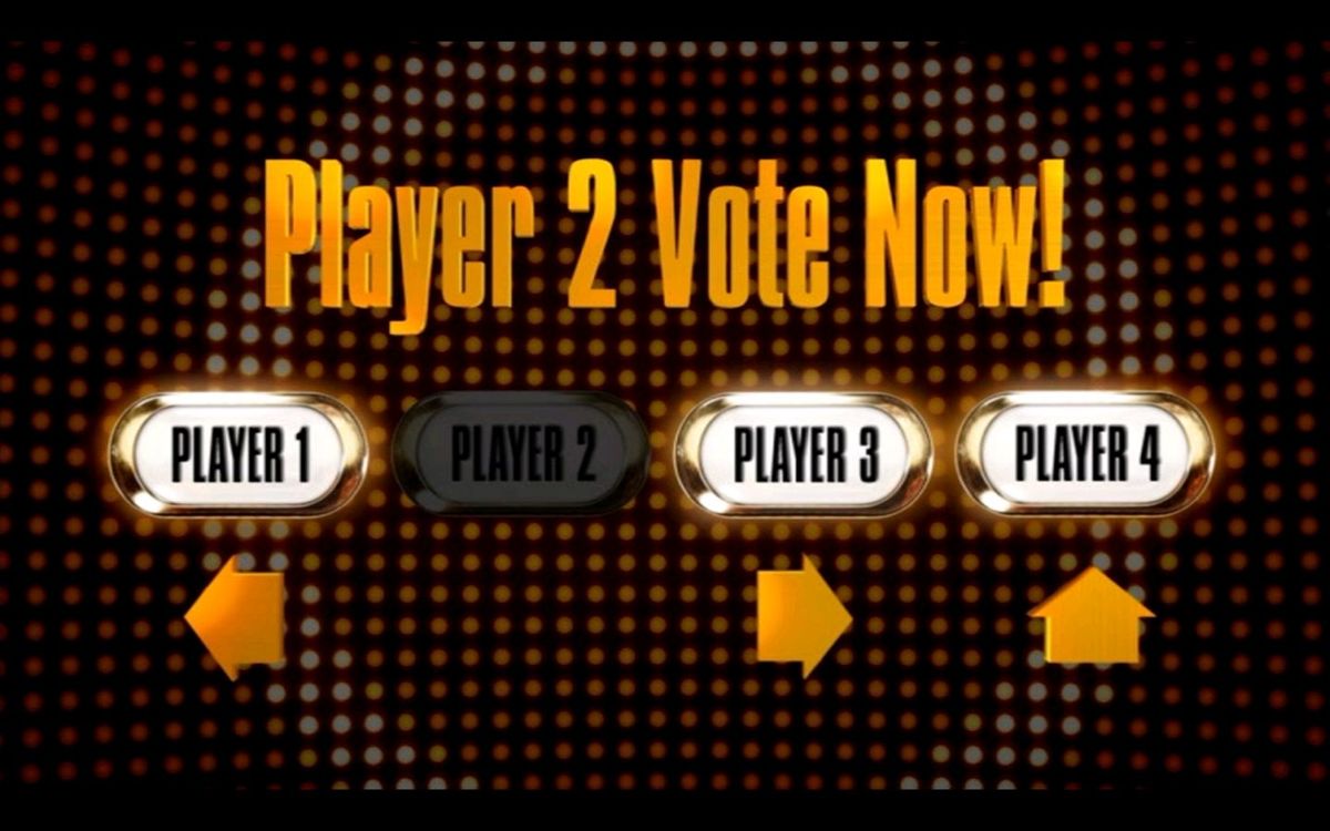 Golden Balls: DVD Game (DVD Player) screenshot: Round One: Voting off a player is done with the arrow keys. Player One has already voted, here it's Player two's turn
