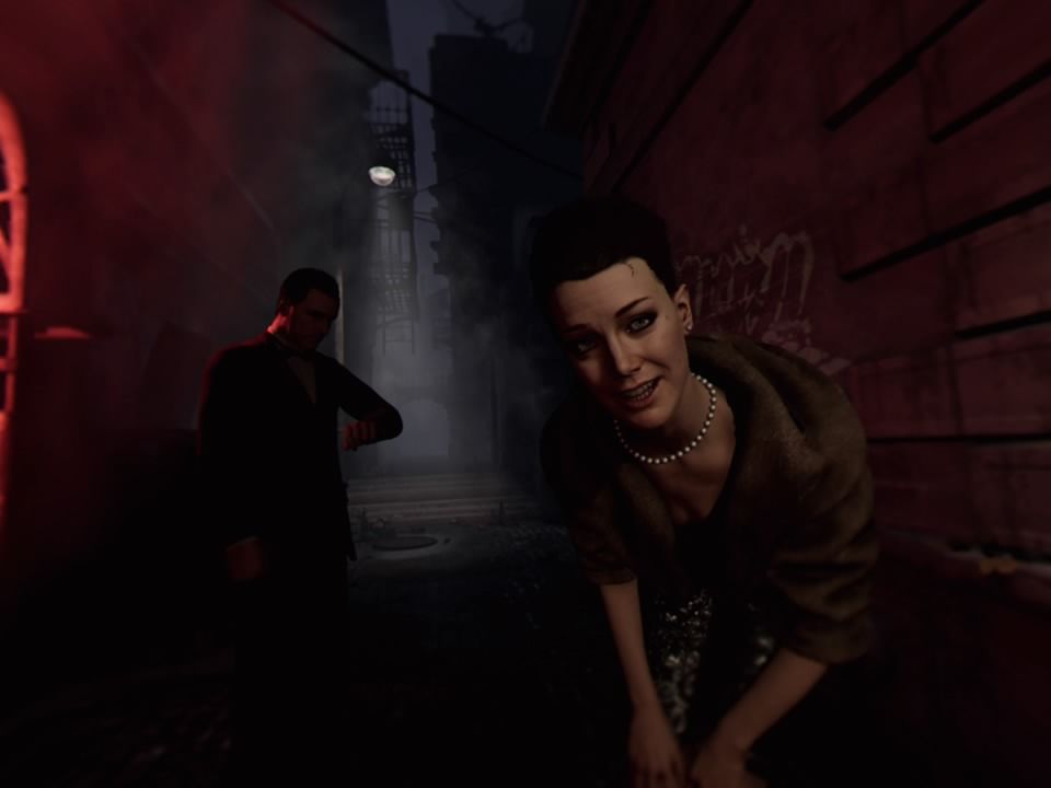 Batman: Arkham VR (PlayStation 4) screenshot: Young Bruce in a dark alley with his parents