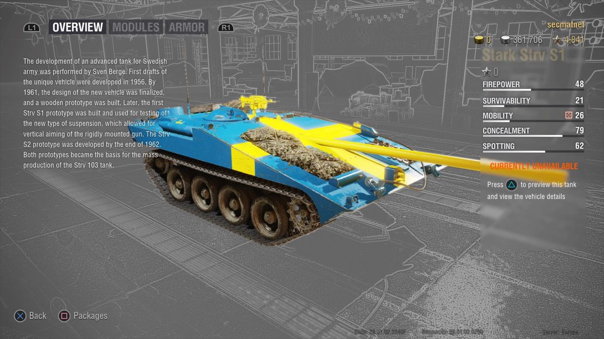 World of Tanks: Stark Strv S1 Ultimate (PlayStation 4) screenshot: Stark Strv S1 overview