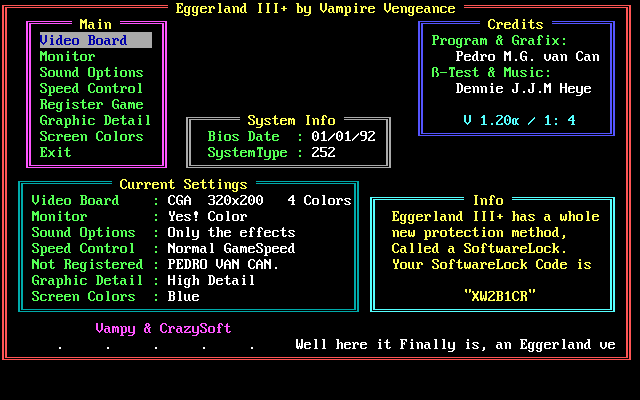 Eggerland 3 (DOS) screenshot: Setup screen