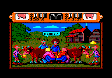 Western Games (Amstrad CPC) screenshot: Milking.