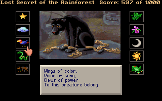 Lost Secret of the Rainforest (DOS) screenshot: The Black Jaguar's riddles