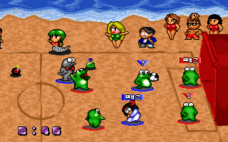 Super Action Ball (DOS) screenshot: Playing on the beach. All-reptile team and bikini people