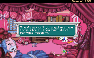 Pepper's Adventures in Time (DOS) screenshot: Lockjaw inside terrible Ima's bedroom
