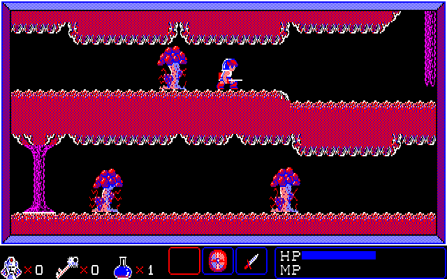 Curse of Babylon (PC-88) screenshot: Tree enemies wander through confusing maze-like passages