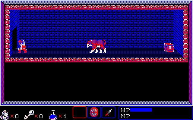 Curse of Babylon (PC-88) screenshot: Another tiger - this one guards the chest in a treasure room