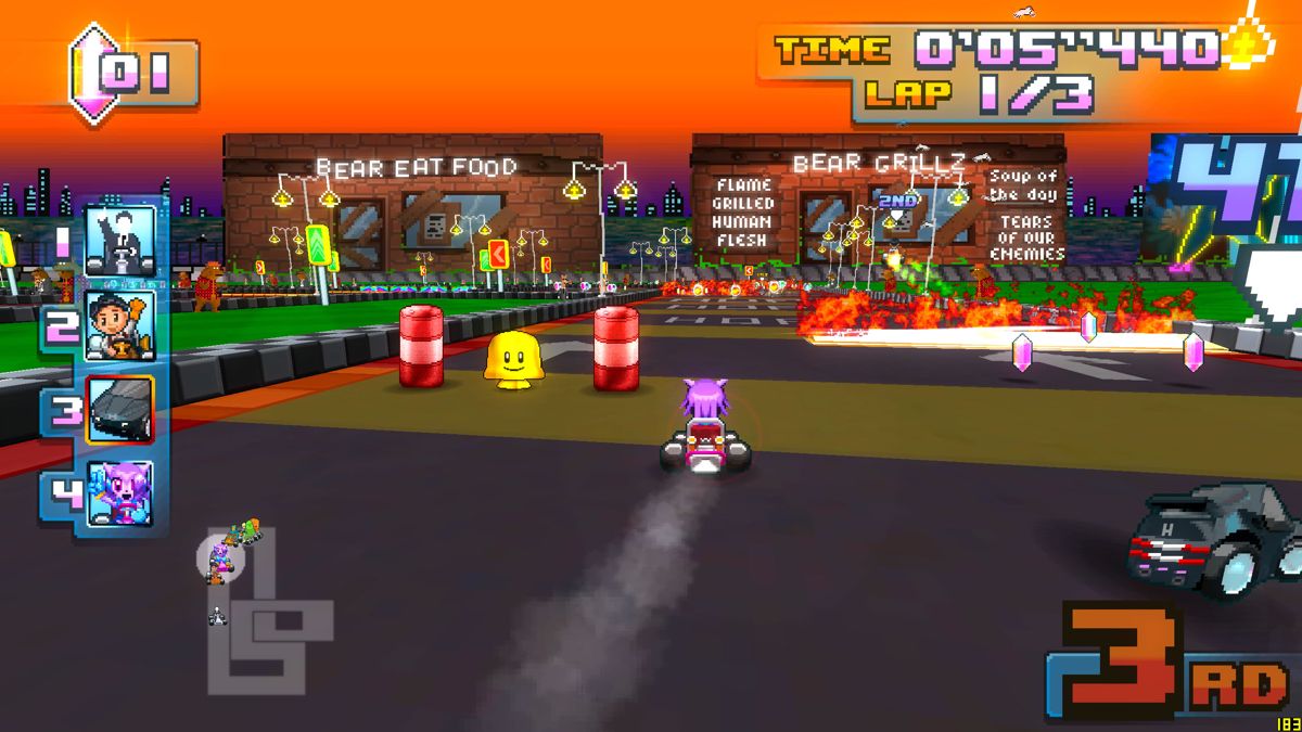 Super Indie Karts (Windows) screenshot: Pick up the yellow mushroom for invulnerability (Early Access version).