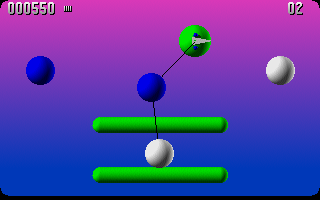 The Game of Harmony (DOS) screenshot: Drag the elastic linked balls around