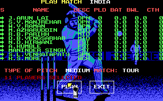 World Cricket (DOS) screenshot: Selecting Players.