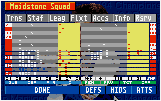 Championship Manager 93 (DOS) screenshot: stats about your squad