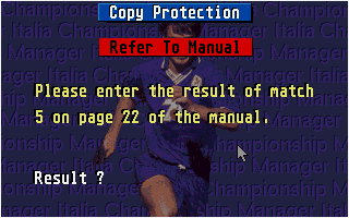 Championship Manager Italia (DOS) screenshot: Copy protection screen