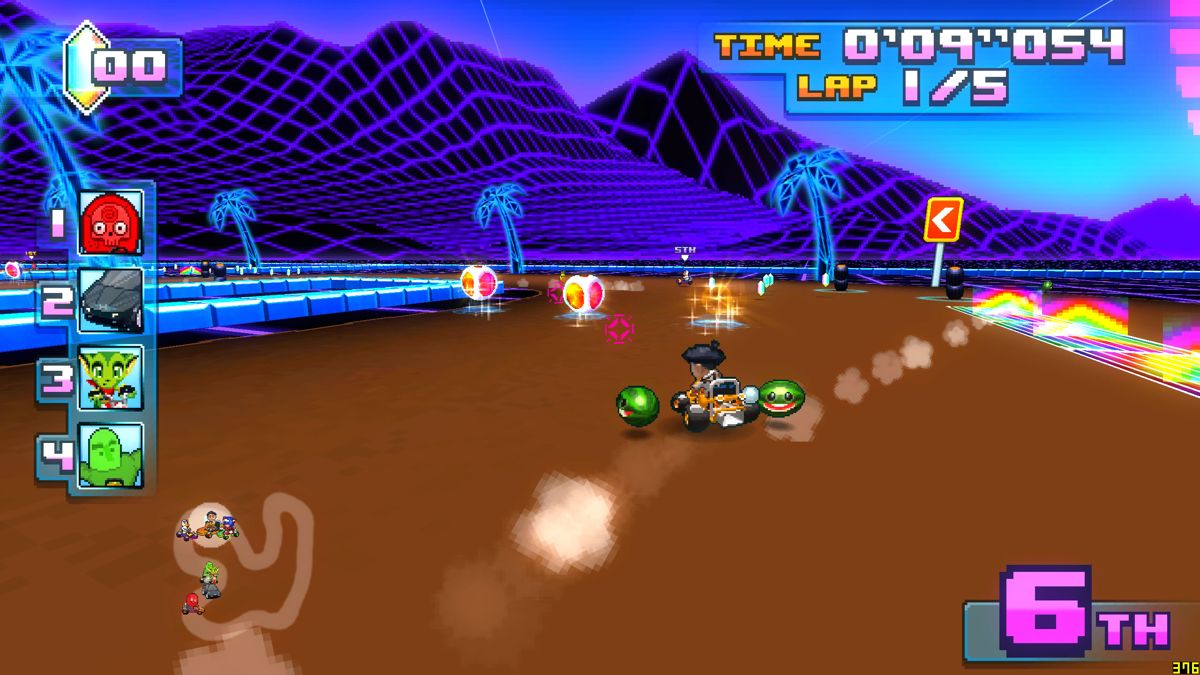 Super Indie Karts (Windows) screenshot: Racing as Teslakid armed with watermelons (Early Access version).