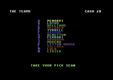 Grand Prix (Commodore 64) screenshot: Pick your team.