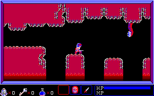 Curse of Babylon (PC-88) screenshot: ...and jump over chasms, avoiding or killing pesky hanging worms