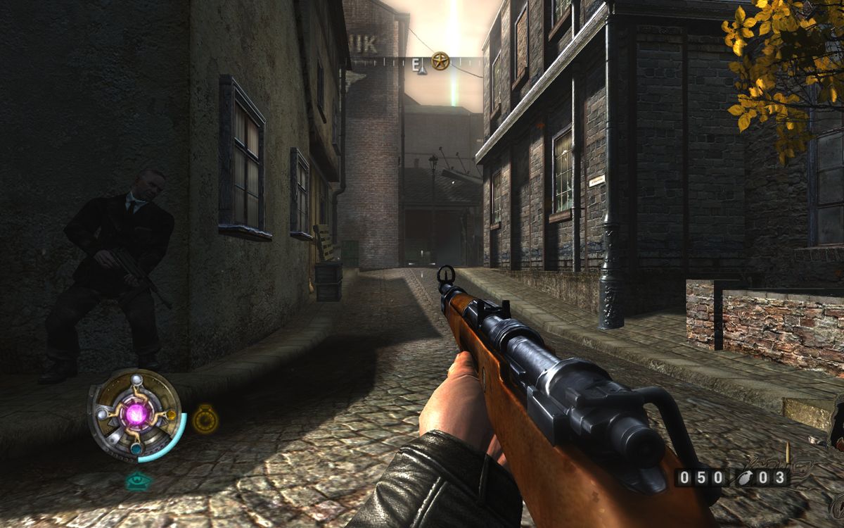 Wolfenstein (Windows) screenshot: Following a member of the local resistance through the city to the given mission