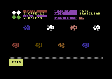 Grand Prix (Commodore 64) screenshot: Watching the cars driving past.