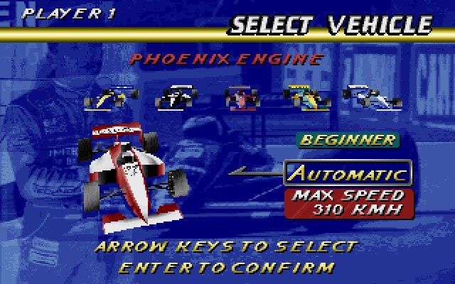 Circuit Racer (DOS) screenshot: Select Vehicle Screen (F-1)