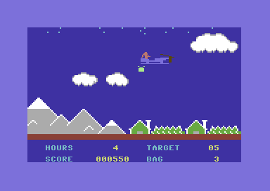 Special Delivery: Santa's Christmas Chaos (Commodore 64) screenshot: Flying over houses.