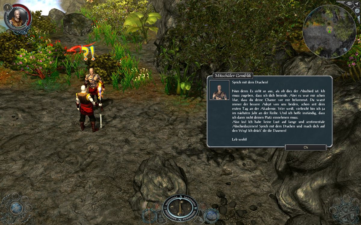 Sacred 2: Ice & Blood (Windows) screenshot: Your first task as a Dragon Mage is to talk to a Dragon that's too big to fight on the screen even fully zoomed out - so I had to give you the next best thing: two Dragon Mages talking :)