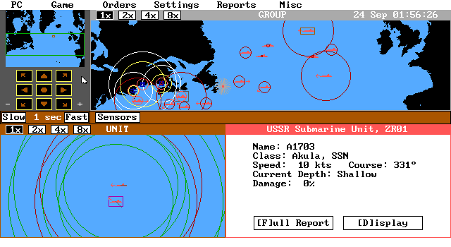 Harpoon BattleSet 2: North Atlantic Convoys (DOS) screenshot: Scenario in progress, playing on Soviet side - note the new map