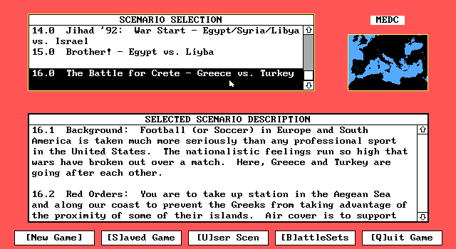 Harpoon Battleset 3: The MED Conflict (DOS) screenshot: Scenario list