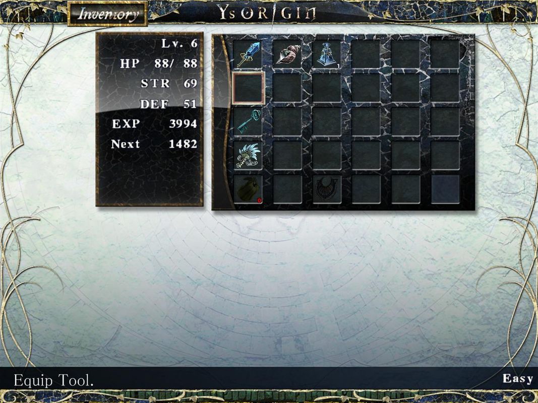 Ys: Origin (Windows) screenshot: My inventory