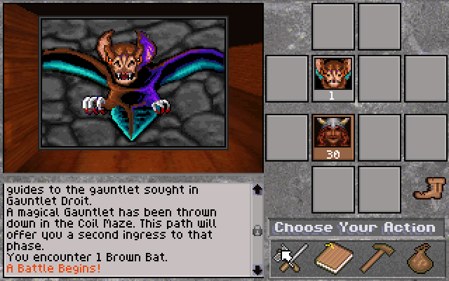Fates of Twinion (DOS) screenshot: Fighting with a simple <B>Brown Bat</B>