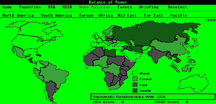 Balance of Power (DOS) screenshot: Diplomatic relationship map (Hercules)