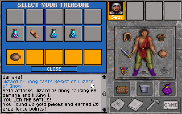 Fates of Twinion (DOS) screenshot: Spoils of battle (the 5 orange tiles)
