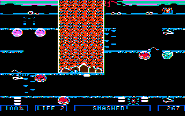 Dino Eggs (PC Booter) screenshot: Smashed by Dino Mom! (CGA with composite monitor)