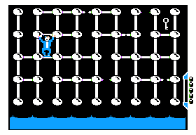 Accolade's Comics featuring Steve Keene Thrillseeker (Apple II) screenshot: Arcade sequence - collect the keys and avoid falling into shark infested waters below.