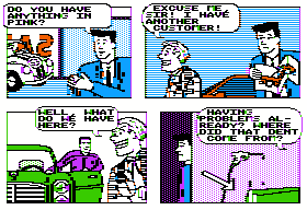 Accolade's Comics featuring Steve Keene Thrillseeker (Apple II) screenshot: The used car salesmen is crooked - no surprise here.