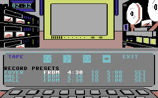Killed Until Dead (Commodore 64) screenshot: You can set up tape recorder to tape surveillance video at set times.