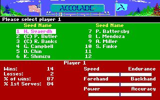 Serve & Volley (DOS) screenshot: Select players. (EGA)