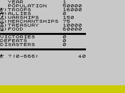 Tyrant of Athens (ZX Spectrum) screenshot: The main game screen. At the start of each year the player decides what resources are required and enters a number for each icon in order. Here 40 more troops are to be trained.