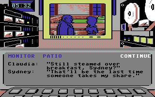 Killed Until Dead (Commodore 64) screenshot: Spying on Sydney and Claudia.