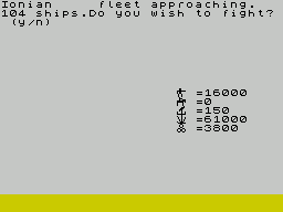 Tyrant of Athens (ZX Spectrum) screenshot: During the year Athens will be attacked by either on land or from the sea, or both. In each event the player chooses whether or not to fight before selecting the size of their defending army