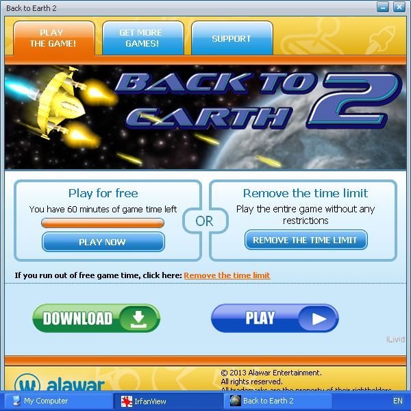 Back to Earth 2 (Windows) screenshot: The game is available from Alawar. This is the initial screen displayed by their downloaded shareware 'try before you buy' version.