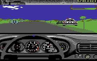 The Duel: Test Drive II (Commodore 64) screenshot: Driving the Ferrari. A cop has pulled someone over. Hopefully, you're not next!