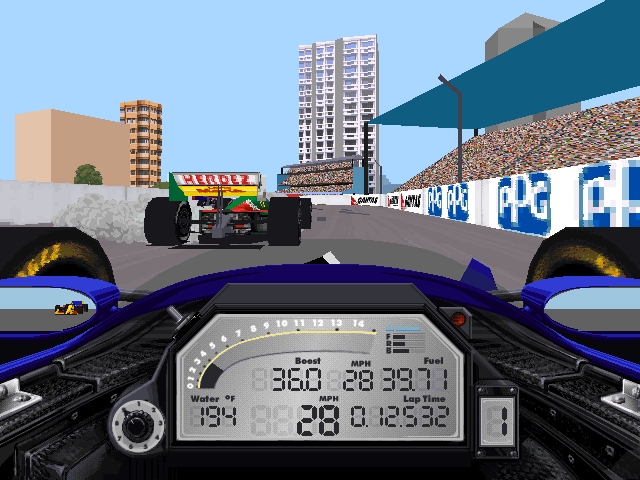IndyCar Racing II (DOS) screenshot: Cockpit view (SVGA)