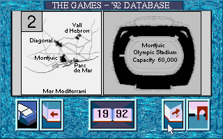 The Games '92: España (DOS) screenshot: The Olympia database contains statistics and information on past games as well as location