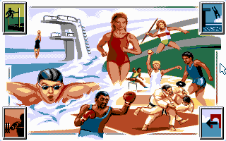 The Games '92: España (DOS) screenshot: Discipline selection screen: Track & Field, Water Sports and Fighting.