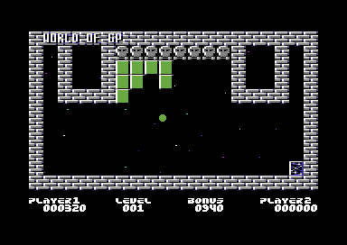 Gotcha! (Commodore 64) screenshot: Clearing the green bricks.