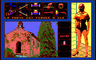 Forteresse (Amstrad CPC) screenshot: A chapel's door is locked (in French)