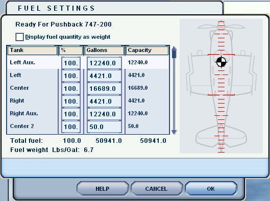 747-200 Ready for Pushback (Windows) screenshot: This is the flight simulator advanced screen where data from the fuel calculator is entered