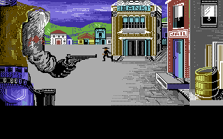 Law of the West (Commodore 64) screenshot: Bank robbery.