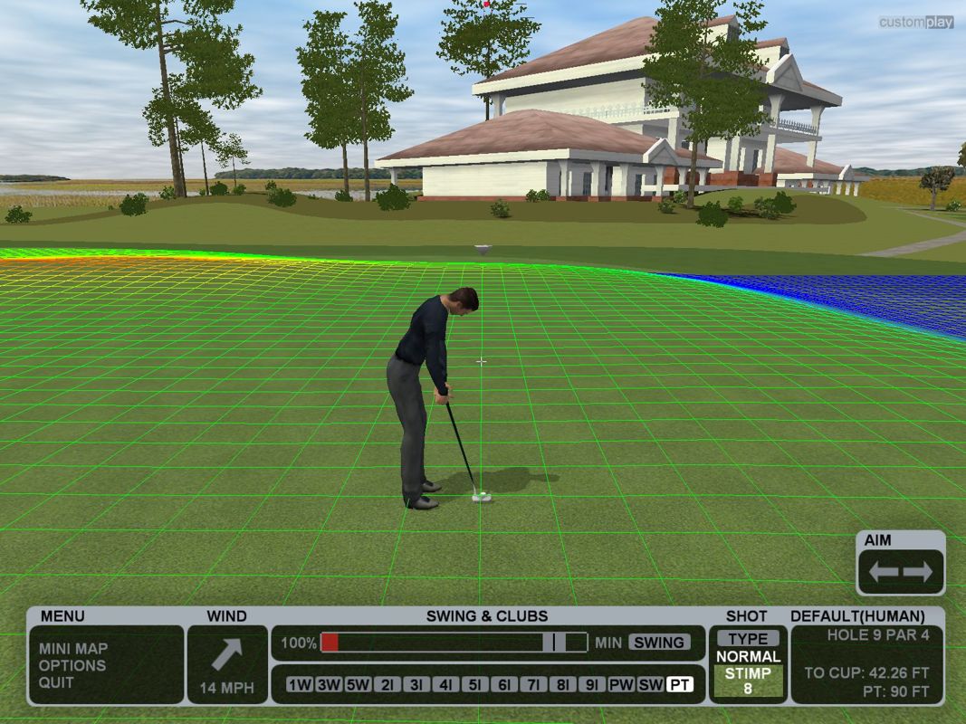 CustomPlay Golf (Windows) screenshot: On the green. Here the 'green grid' is being used to assess the lie of the land